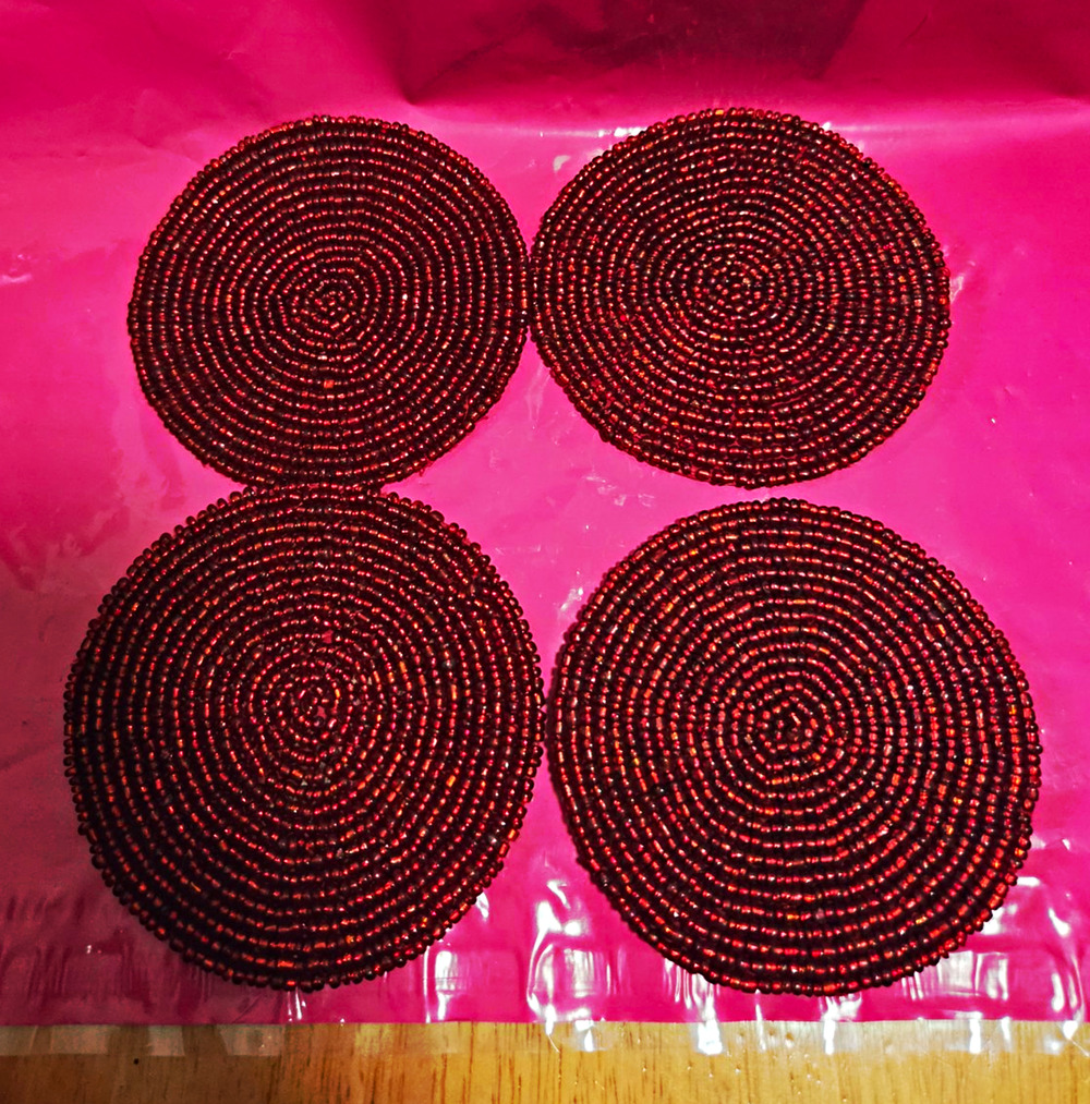 Vtg Collectible Set Of 4 Deep Red Beaded Coasters With Holder 4" Diameter